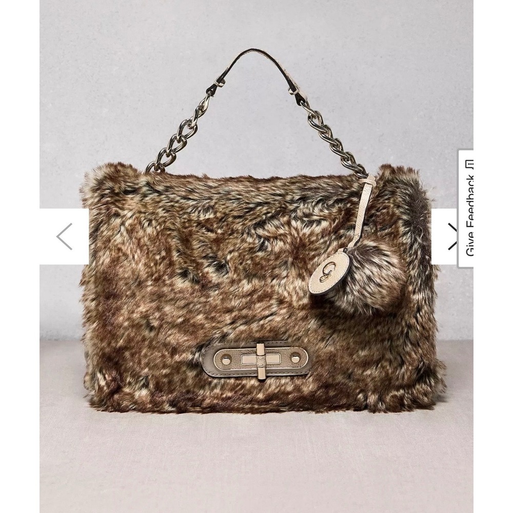 Guess Faux Fur Crossbody Satchel Bag Brown Tan Cream Chain Handle Pom Pom 14x11